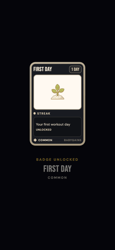 A BabyGains Play badge unlocking after a finished workout