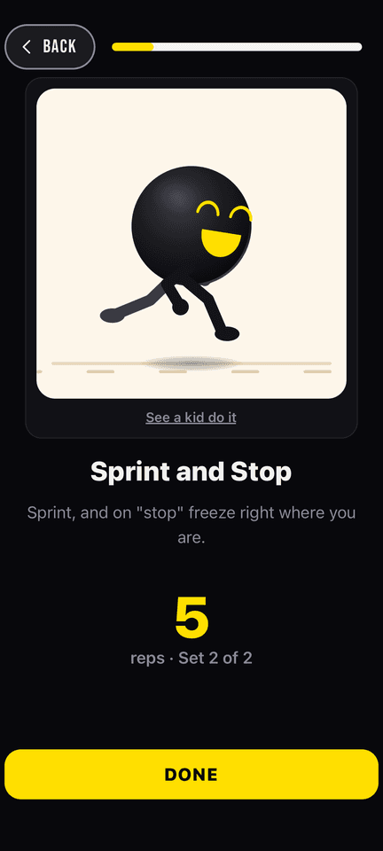 A workout in Kids Mode: Buddy acts out Sprint and Stop, with the reps and a Done button