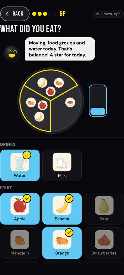 Feed Buddy: What did you eat? with a plate to fill, a water glass and food to tap