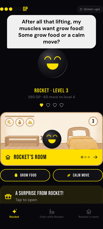 Kids Mode home: Buddy asks for grow food or a calm move, with Buddy’s level and the tile into Buddy’s room