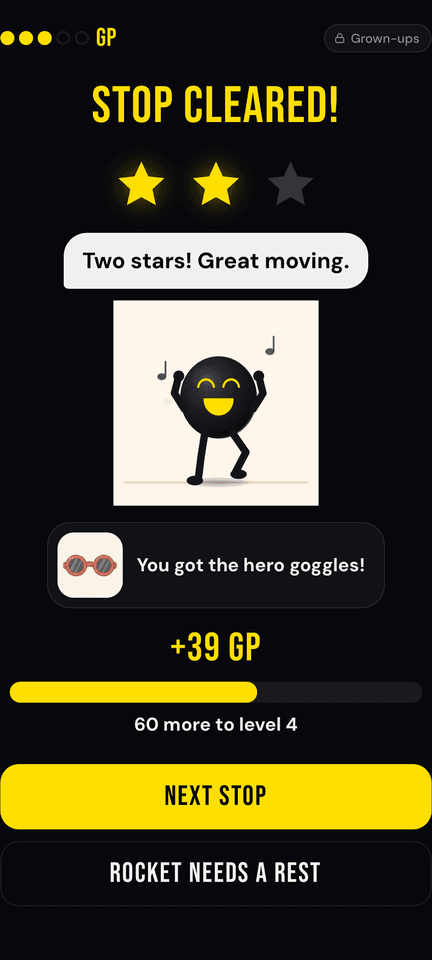 Stop cleared: two stars, Buddy dancing and the hero goggles unlocked