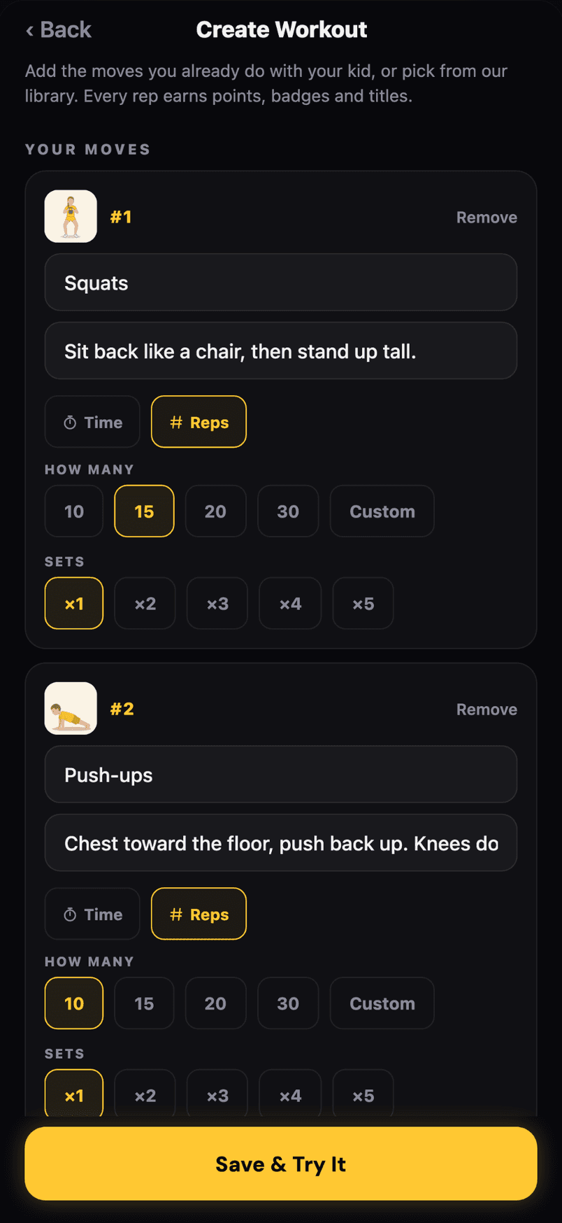 Create Workout in BabyGains Play: add moves, set reps and sets, then save