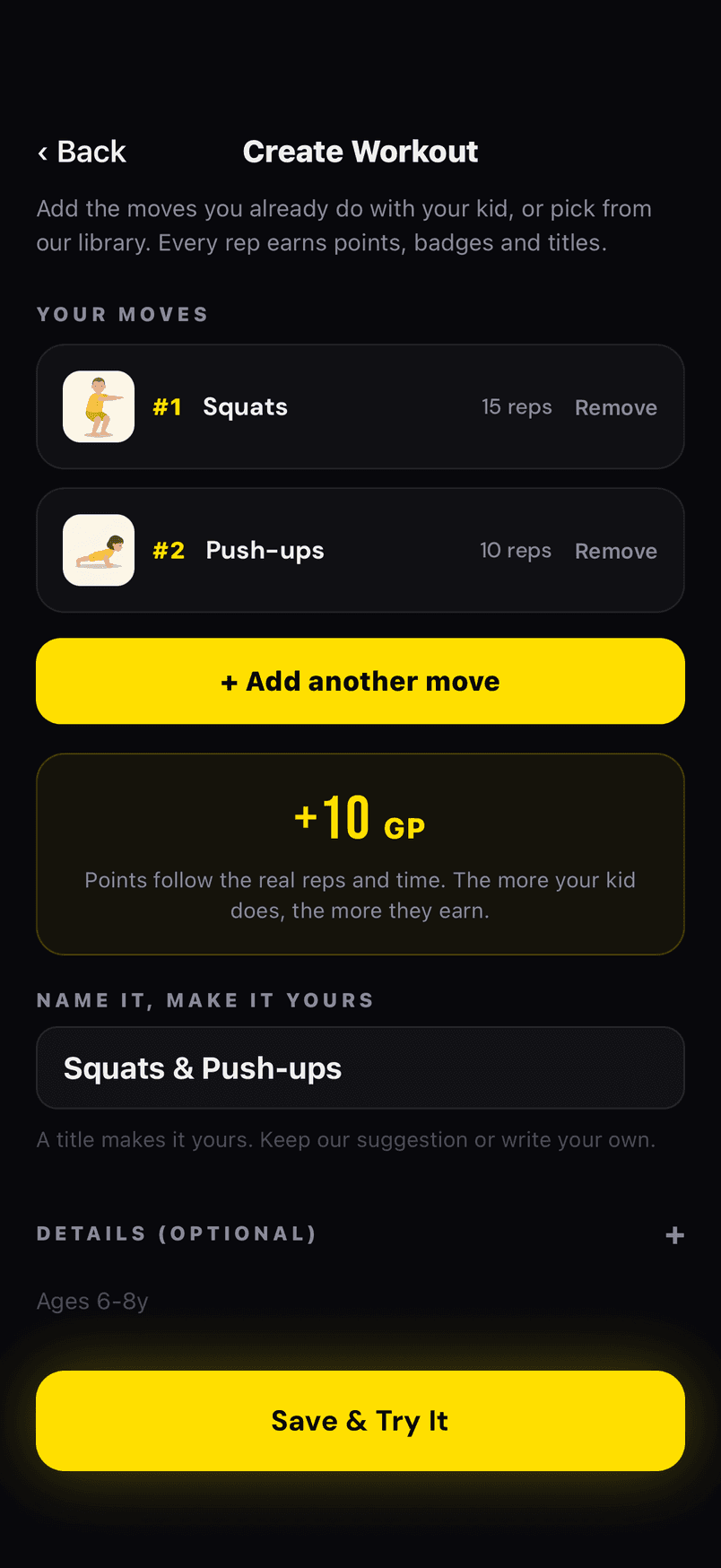 Create Workout: squats and push-ups added, the points it earns, and a name to keep