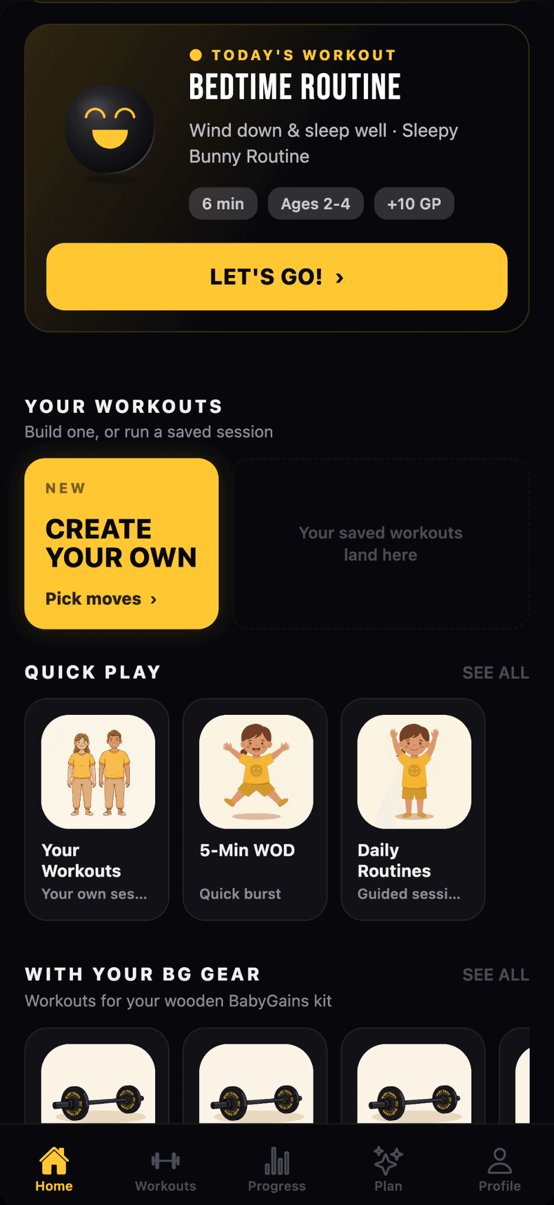 BabyGains Play — today's workout, one tap away