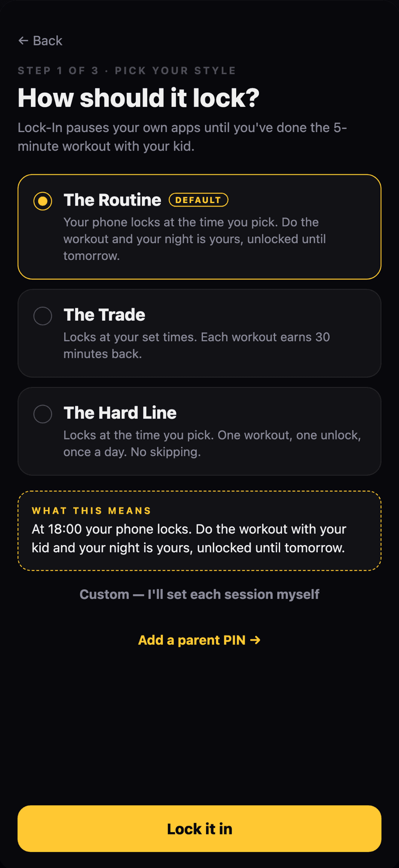 Lock-In Mode settings in BabyGains Play with three locking styles