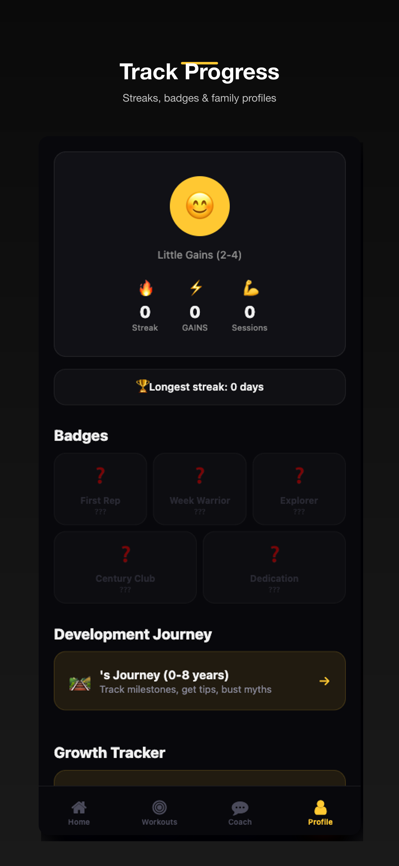Parent profile screen with badges and streak